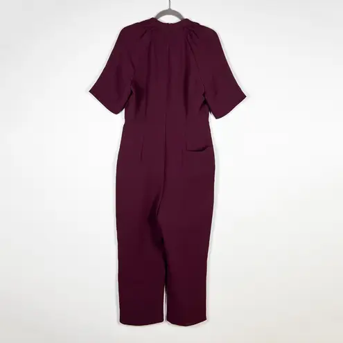 Whistles Devyn Burgundy Crepe V Neck Short Sleeve Cropped Jumpsuit Jumper 8