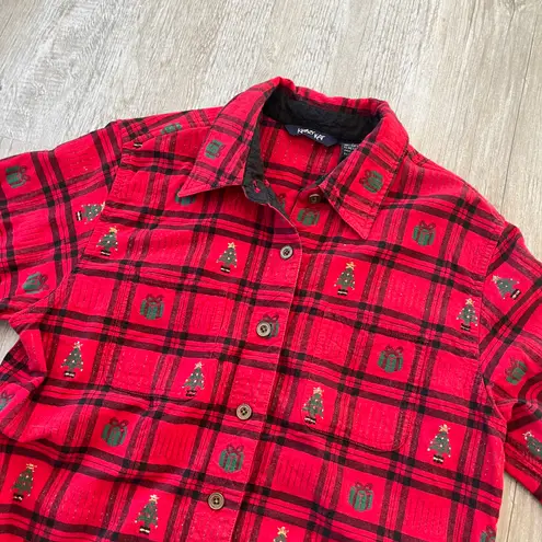 Krazy Kat Womens Red Plaid Christmas Button Up - S