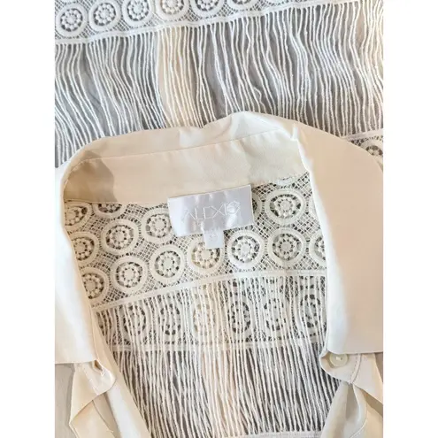 Alexis Womens Top Beige Button Up Silk Crochet Lace Sheer Blouse Boho USA Size 6