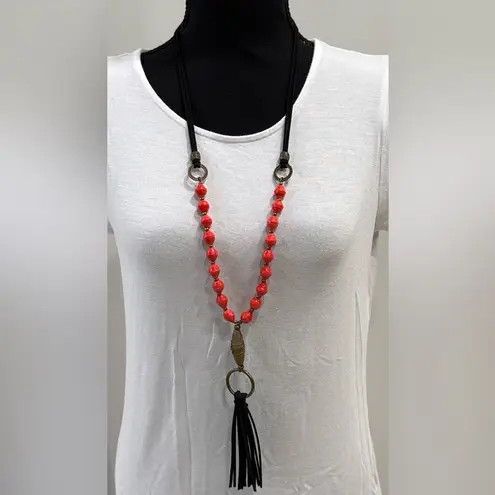 Vintage Red paper beads, bronze accents and leather chain & tassel necklace