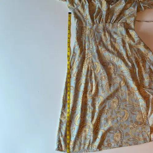 Dizzy Lizzy paisley empire waist A line midi dress tie front and puff sleeves L Blue Size L