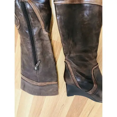 EARTHIES Leather Knee High Wedge Heeled Boot Distressed Fall Brown Tan Size 7