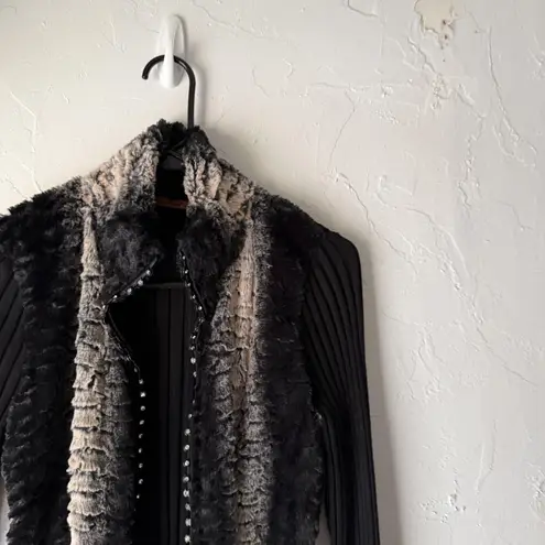 Baldin Cardigan Y2k Sm Black Faux Fur Collar Ribbed Knit Sweater Jacket Grunge