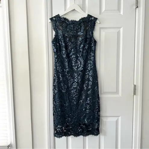 Tadashi Shoji Teal Sequin Illusion Sheath Knee Length Pailette Cocktail Dress 8