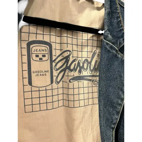 Vintage Gasoline Denim Western Jean Blazer Jacket Size Medium Trim Leather Blue