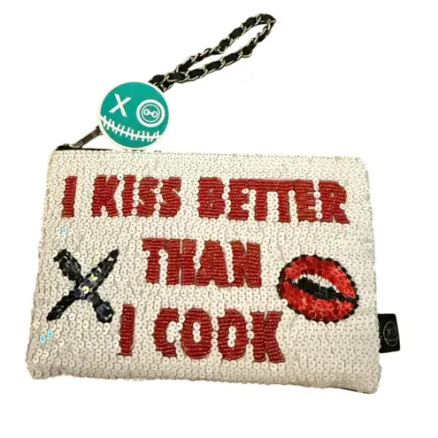 House of MUA MUA Sequin Clutch Wristlet Hand Embroidered Designer Italian Bag White