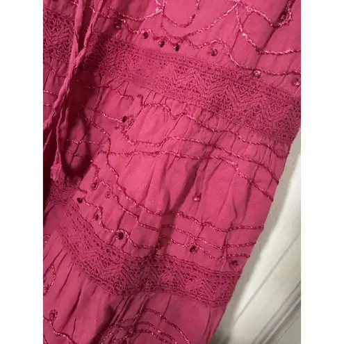 JMB Signature Pink Beaded Peasant Boho Maxi Skirt, Elastic/Tie Waist, Large