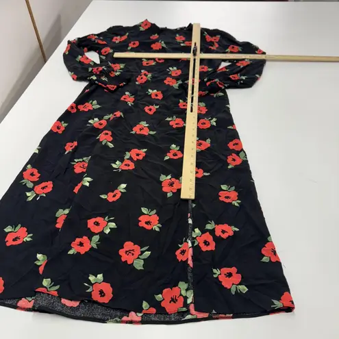 Nobody's Child Dress Womens 8 Black Red Floral Midi Long Sleeve Poppy Print