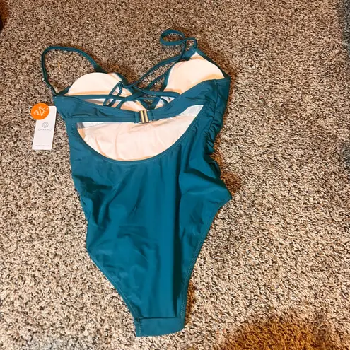 Charmo Ruched One Piece Swimsuit Criss Cross Back Teal Green NEW Size M