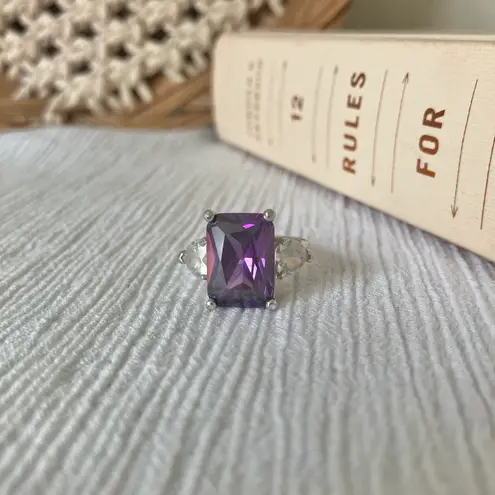 Large Purple Emerald Cut Stone Silver Ring “Violette” China Amethyst Art Deco Jewelry