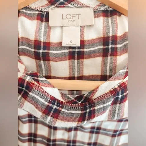 Loft  Autumn Plaid Blouse Softened Long Sleeve Crew Neck Cream Brown Rayon Size S
