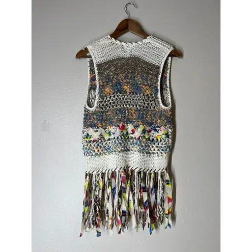 Adore Multi Colored Fringe Knit Cardigan Vest Womens Sz M Boho Western Hippie White Size M