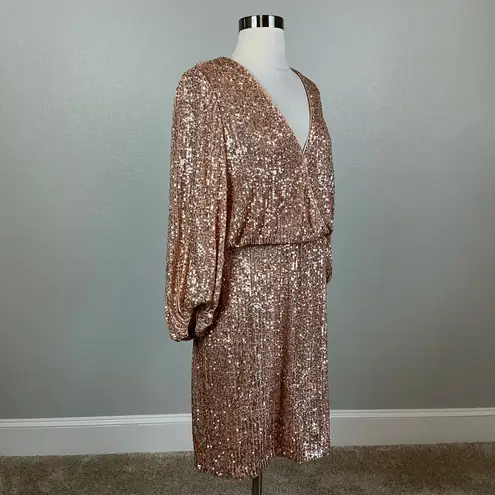 Eliza J Sequined Long Sleeve Cocktail Dress Size 12 Rose Gold V-Neck Sheath