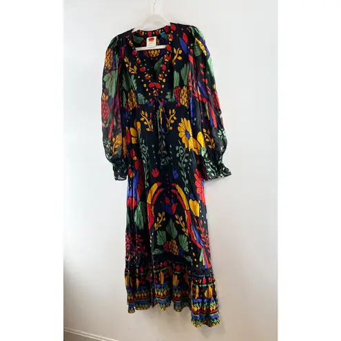 Farm Rio Georgette Tropical Puff Sleeve V-Neck Ruffle Maxi Dress Black Medium