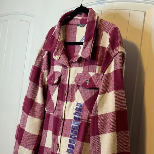 Members Mark 2X Plaid Flannel Shacket Shirt Jacket Oversized Maroon Cream NWT # Red Size XXL