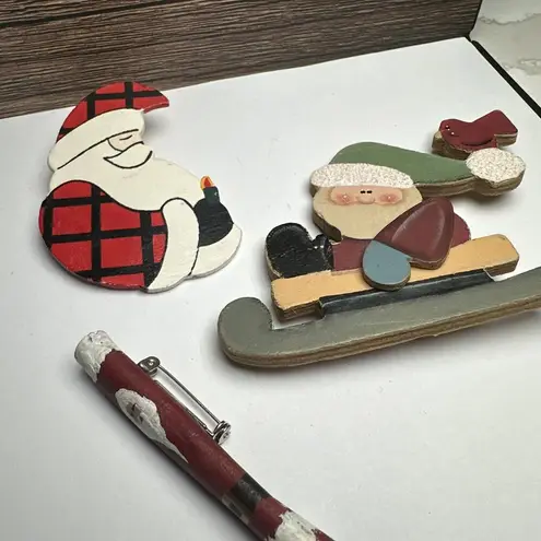 Santa Claus Christmas Holiday Brooch Pin Lot Of 3 Wood / Cinnamon Stick
