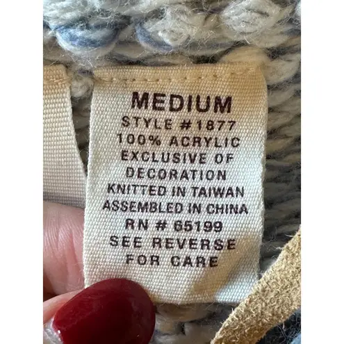 By Next Era Sweater Women Medium Blue White Cable Knit Hooded Pullover Tassel