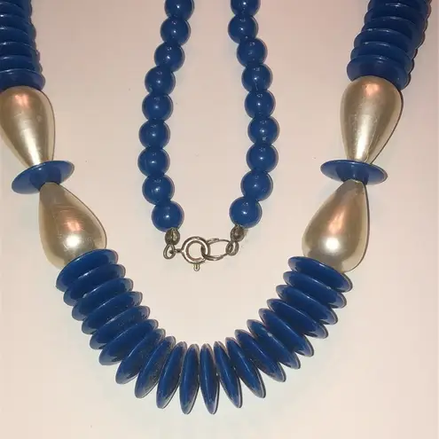 Vintage Blue  & Faux Pearl Disc Beaded Chunky Retro Boho Necklace