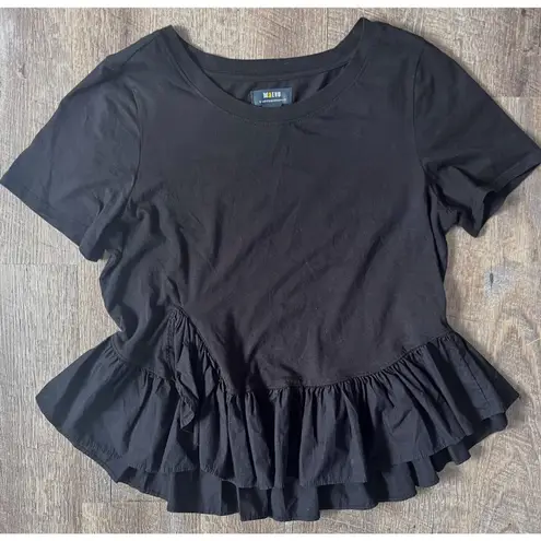 Maeve Anthropologie Asymmetrical Ruffle hem tee top black Size M High Low NWOT