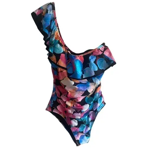 Profile by Gottex Color Rush Black Ruffle One Shoulder One Piece Swimsuit 12 Blue