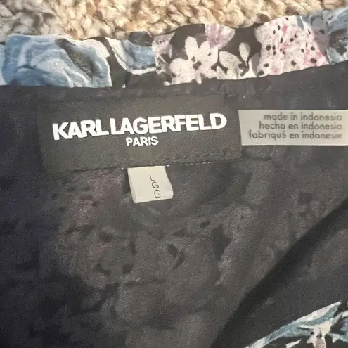 Karl Lagerfeld Paris Floral Print Long Sleeve Blouse Blue Pink Romantic Top L