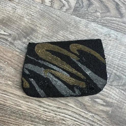 Art Deco French Embroidered Beaded Clutch Bag Minaudière c1930 Black