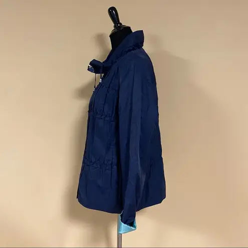 Tahari 🛍️ Navy Blue Mint 3/4 Sleeve Hoodless High Collar Ruffle Frill Jacket L