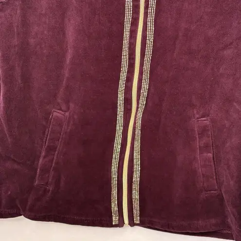 Onque Casuals Burgundy Velour Full Zip Jacket With Rhinestone Accents Women’s L Size L