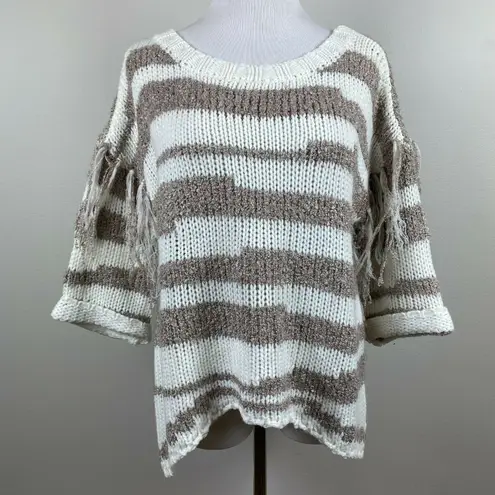 Sloane Rouge Sweater XS Fringe 3/4 Sleeve Wool Blend Striped Open Knit White