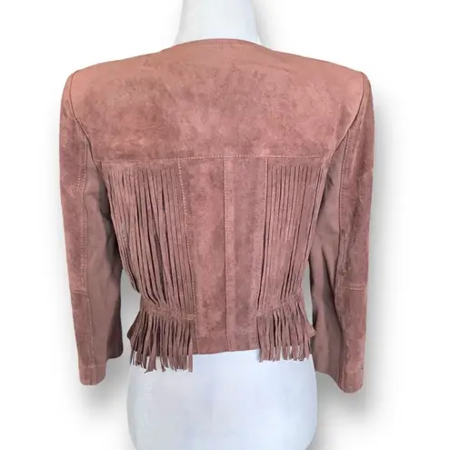 BCBG Max Azria Reiss Vegan Suede Leather Jacket Fringe Accents Toffee Brown