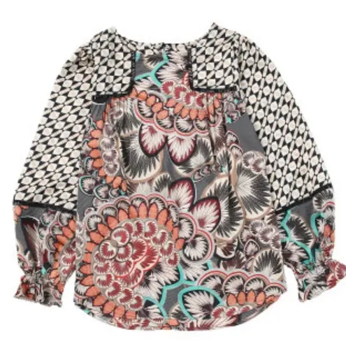 Boho Mixed Patchwork Print Lace Detail Blouse Long Lantern Ruffle Cuff Sleeves Size M