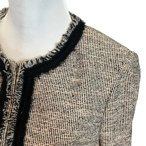 LK Bennett Gee Tweed Blazer Women’s Size 12 Pink Fringe Trim Zip Pocket Jacket Black