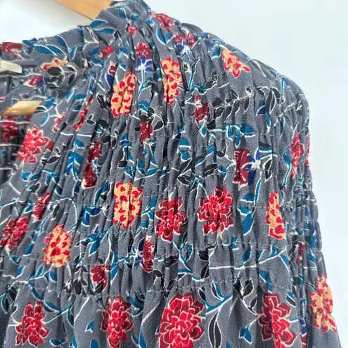 Ghospell Raindrop Floral Balloon Sleeve Smocked Crop Blouse Small Long Sleeve Gray