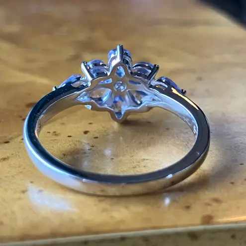 Natural Tanzanite White Diamond Sterling Silver Ring Size 6.75