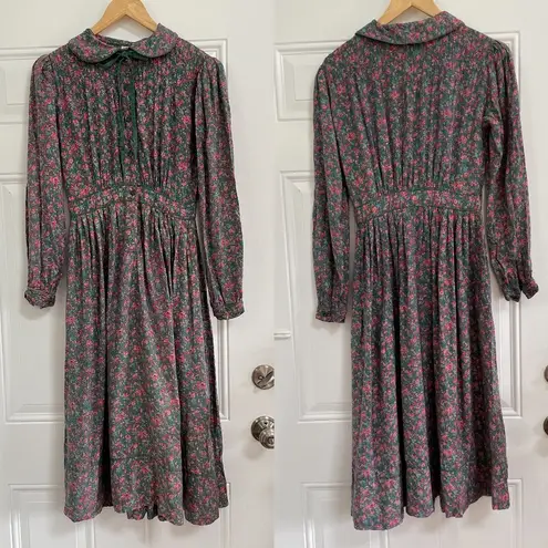 Vintage Floral Prairie Cottage Core Midi Dress Green