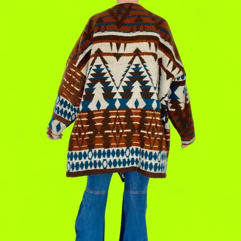 Vintage Sunbelt Sportswear Brown Teal Blue Tribal Wool Wrap Jacket