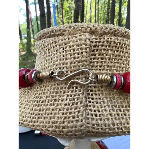 None Vintage Red Ceramic Pottery Beaded Necklace Brass Accent Rings Hook Closure 24"