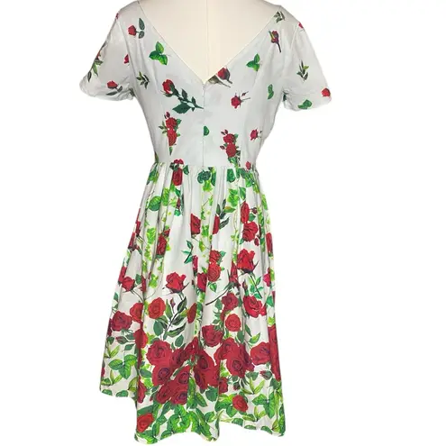 Unique Vintage Red Rose Floral Print Retro Pin Up Swing Dress Size M