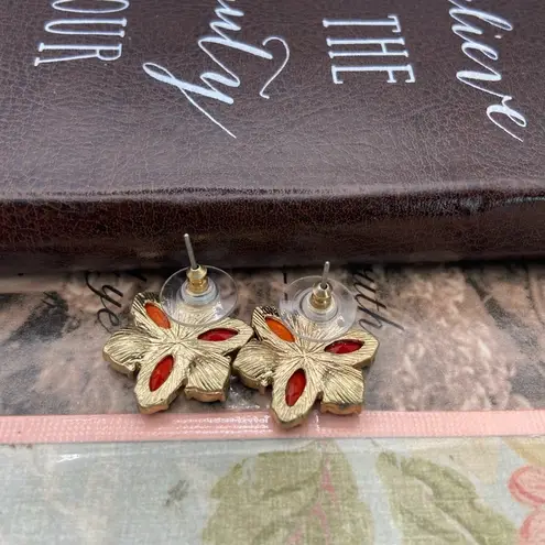 Vintage Red Orange Coral Floral Gold Tone Crystal Rhinestone Stud Earrings