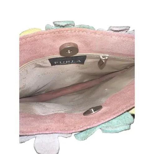 Furla Dusty Rose Suede Leather Handbag Multicolor Flower Petal Embellishments