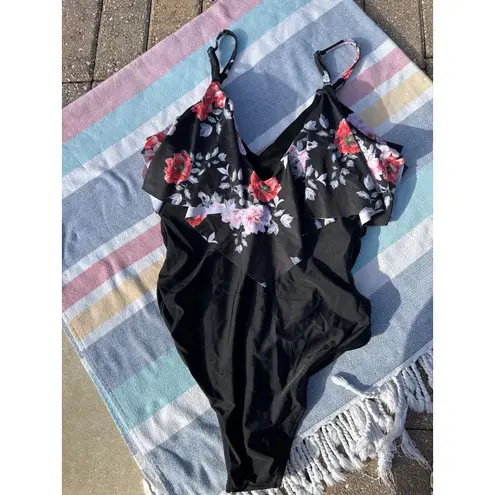 NWOT, Women, One Piece Bathing Suit, Ruffle Top with Black, Sz XL Black