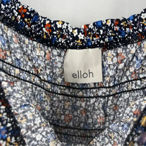 Elloh Multicolor Ditsy Floral Smocked 3/4 Puff Sleeve Tiered Midi Dress Prairie Blue Size M