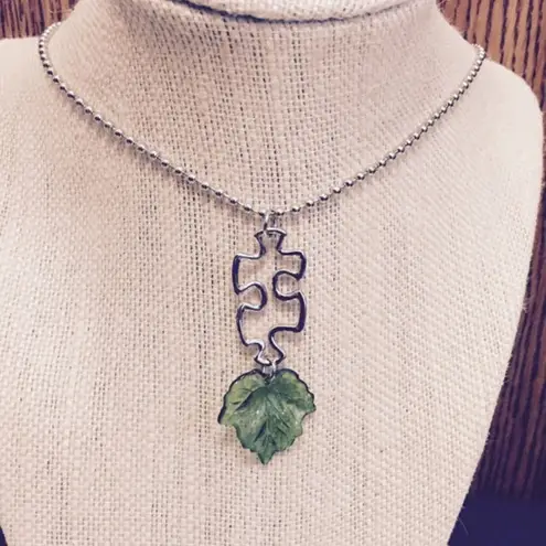 Puzzle Piece Green Leaf Necklace