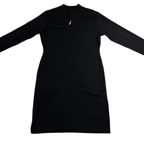 Petite Sophisticate Long Sleeve Collared Black Midi Dress Gold Tassel Sz Small