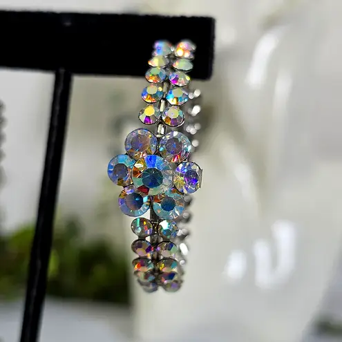 Boutique Large Silver with AB Rhinestone Hoop Earrings Center Flower