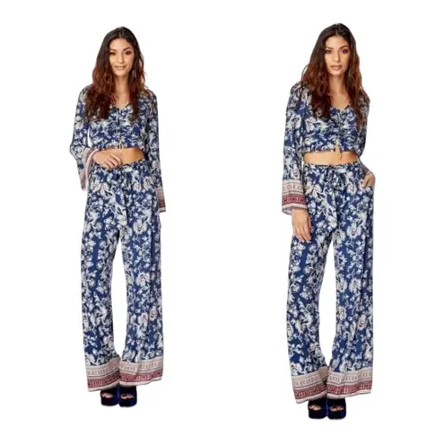 Lost + Wander Indigo Muse Pant Navy Mixed Print Long Wide Leg Boho Coastal Pant