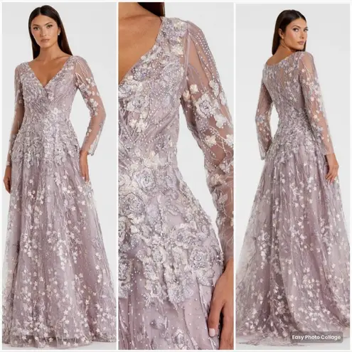 Mac Duggal 20402 Womens EMBELLISHED WRAP OVER ILLUSION LONG SLEEVE A LINE GOWN