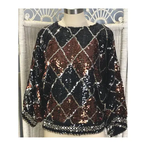 Vintage 1980s Sequin Argyle Dolman Top Black Copper Silver Made in USA M Size M