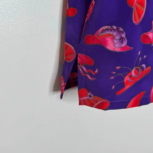 Bonworth Vintage Women’s Purple Red Hat Print Collar Button Front Blouse Size L