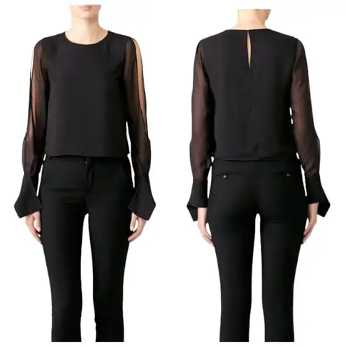 Ramy Brook Shirt Womens Extra Small Black Crepe Crew Neck Slit Sleeves Addy Top